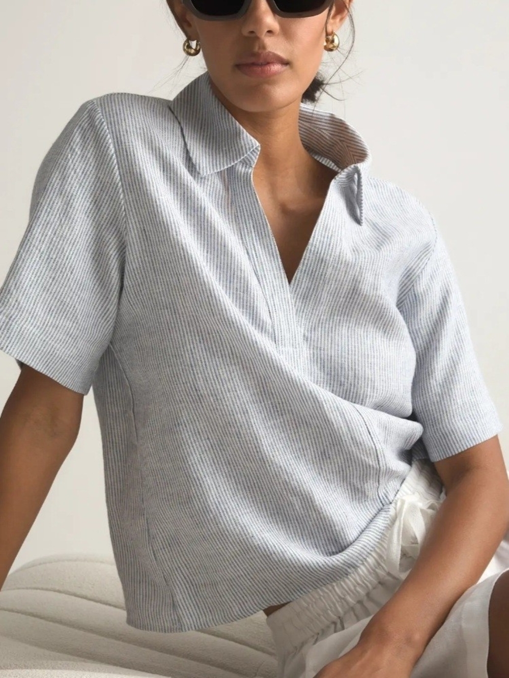 Quince Light Blue Striped Short-Sleeve 100% European Linen Popover Top - Picture 2 of 3